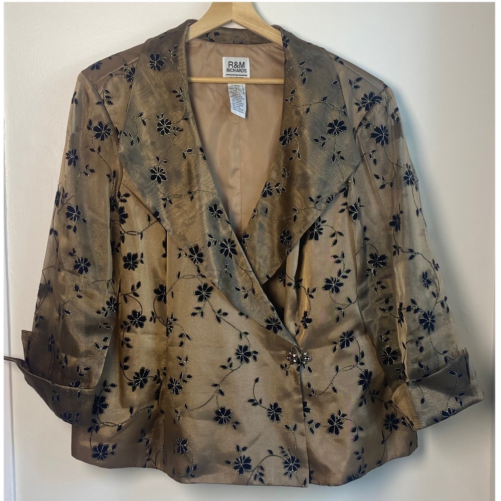 R&M Richards Blazer Women 14 Brown Floral Embroidered Evening Glam Shimmer